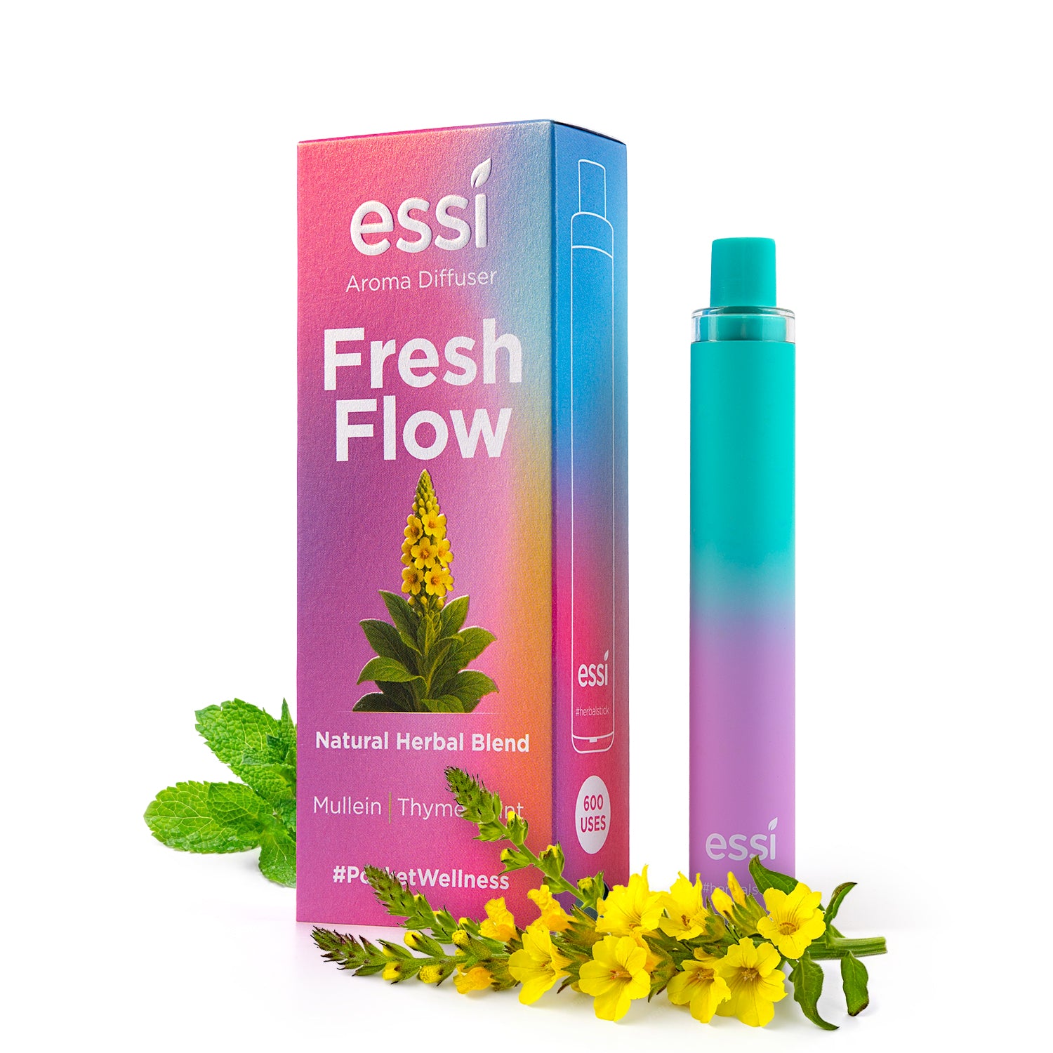 Essi Fresh Flow aroma diffuser packaging with natural elements on a white background
