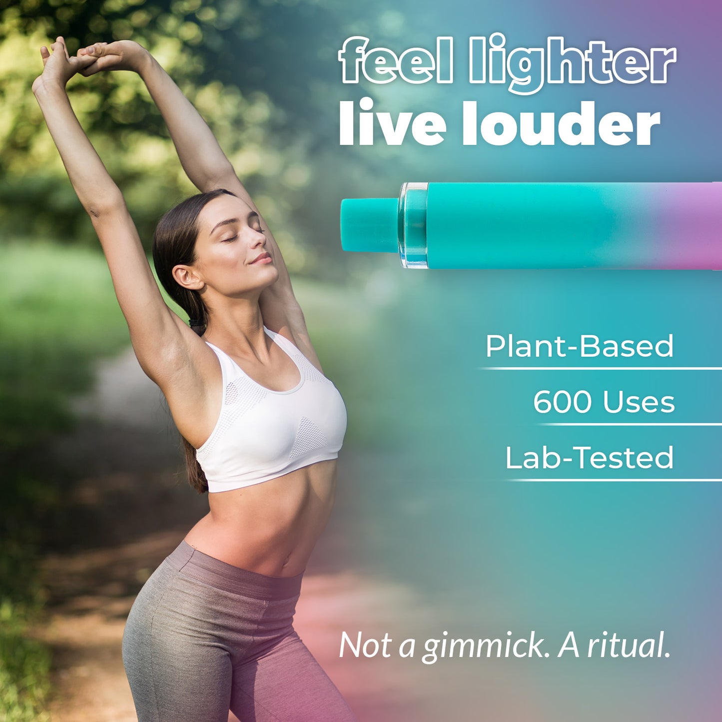 Woman in athletic wear stretching outdoors with Essi product herbal stick and text overlay on a blurred natural background