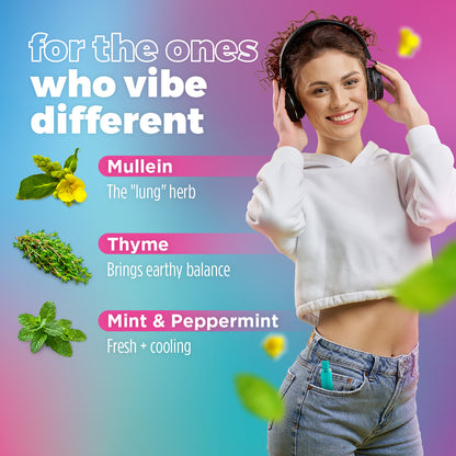 Person wearing headphoneson a colorful background  with ingredient of Essi - mint, thyme and mullein 
